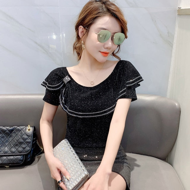 New 2021 Summer Short Sleeve Women Tops And Shirt Fashion Casual Slash Neck Mesh T-Shirt Plus Size Ruffles Blusas