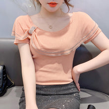 Load image into Gallery viewer, New 2021 Summer Short Sleeve Women Tops And Shirt Fashion Casual Slash Neck Mesh T-Shirt Plus Size Ruffles Blusas