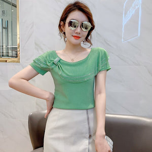 New 2021 Summer Short Sleeve Women Tops And Shirt Fashion Casual Slash Neck Mesh T-Shirt Plus Size Ruffles Blusas