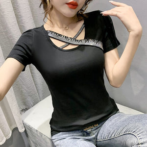 New 2021 Summer Short Sleeve Women's tshirt Fashion Casual Hot drilling Tops And Shirt Sexy V-Neck Female Blusas