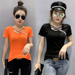 New 2021 Summer Short Sleeve Women's tshirt Fashion Casual Hot drilling Tops And Shirt Sexy V-Neck Female Blusas