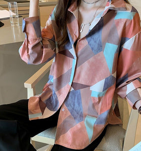 New 2021 Women Print Blouse Spring Summer Chiffon Shirts Casual  Oversize Button Up Blouse Fashionable Office Lady Wild Tops