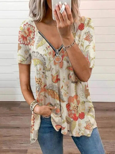 New 2021 Women Summer Blouse Zipper V-neck Print Short Sleeve Shirt Casual Fashion Blouses Loose Shirts Office Beach Tops Plus