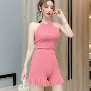 New 2021 Women Summer Knit Vest Shorts Suits Sleeveless Buttons Tops  Short Pants Clothing Two-piece Set