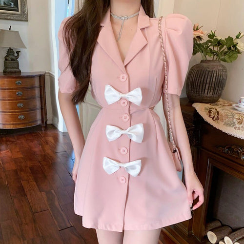 New 2021 Women's Summer Fashion Sweet Bowknot Mini Dress Sexy Hollow  Waist Single-Breasted Casual Slim A-Line Dress Female