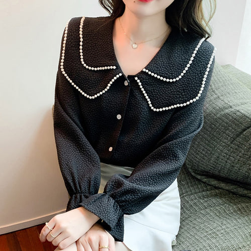 New 2022 Spring Women Blouse Fashion Casual Long Sleeved Peter Pan Collar Black Tops Elegant Slim Office Lady Shirt