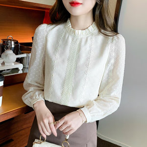 New 2022 Spring Women Blouse Shirt Fashion Long Sleeve Stand Collar Embroidered Chiffon Blouses Plus Size Loose Tops