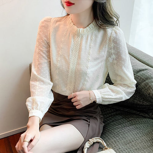 New 2022 Spring Women Blouse Shirt Fashion Long Sleeve Stand Collar Embroidered Chiffon Blouses Plus Size Loose Tops