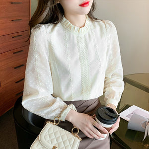 New 2022 Spring Women Blouse Shirt Fashion Long Sleeve Stand Collar Embroidered Chiffon Blouses Plus Size Loose Tops