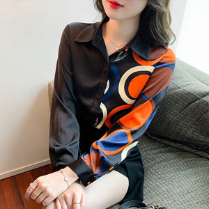 New 2022 Spring Women Blouses Shirt Fashion Casual Black High-End Ladies Printed Long-Sleeved Chiffon Shirt