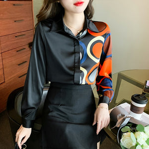 New 2022 Spring Women Blouses Shirt Fashion Casual Black High-End Ladies Printed Long-Sleeved Chiffon Shirt