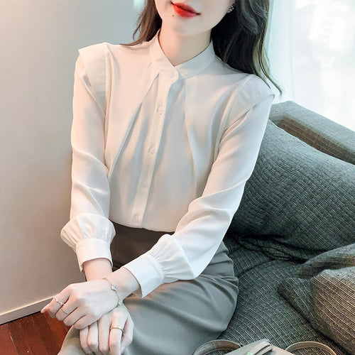 New 2022 Spring Women Chiffon Shirt Fashion Long Sleeved Stand Collar Solid Color Blouses Elegant Slim Office Lady Tops