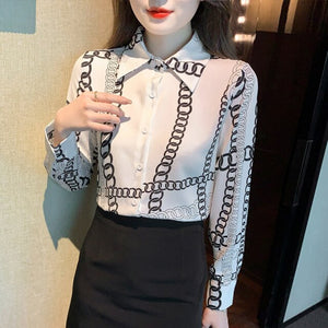 New 2022 Spring Women Chiffon Shirt Fashion Long Sleeved Turn Down Collar Print Blouses Elegant Office Lady Tops Blusas