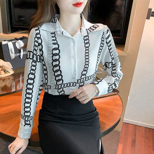 New 2022 Spring Women Chiffon Shirt Fashion Long Sleeved Turn Down Collar Print Blouses Elegant Office Lady Tops Blusas