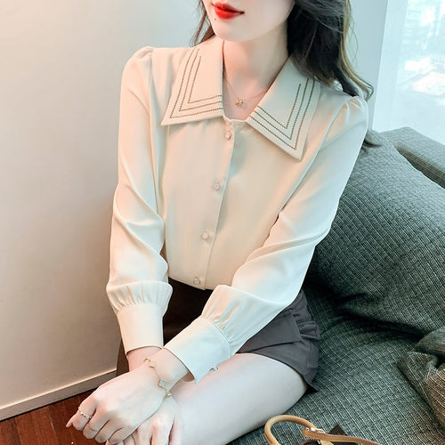 New 2022 Spring Women Chiffon Shirt Fashion Long Sleeved Turn Down Collar Solid Color Blouse Office Lady Tops
