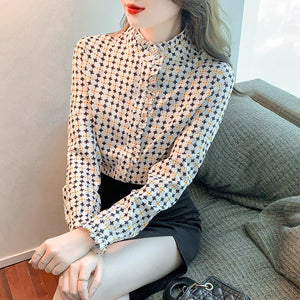 New 2022 Spring Women Chiffon Shirt Fashion Printed Long Sleeved Stand Collar Ruffles Blouses Office Lady Tops