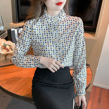 Load image into Gallery viewer, New 2022 Spring Women Chiffon Shirt Fashion Printed Long Sleeved Stand Collar Ruffles Blouses Office Lady Tops