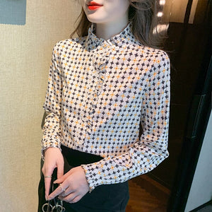 New 2022 Spring Women Chiffon Shirt Fashion Printed Long Sleeved Stand Collar Ruffles Blouses Office Lady Tops