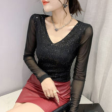 Load image into Gallery viewer, New 2022 Spring Women&#39;s T-Shirt Fashion Casual Long Sleeved Sequined V-neck Mesh Tops Plus Size Female Blusas