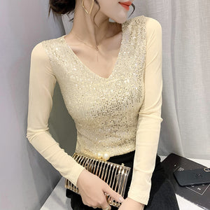 New 2022 Spring Women's T-Shirt Fashion Casual Long Sleeved Sequined V-neck Mesh Tops Plus Size Female Blusas