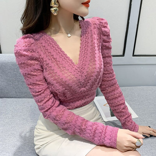 New 2022 Spring Women's T-Shirt Fashion Sexy V-neck Long Sleeved Brushed Lace Bottoming Shirt Elegant Slim Hollow Out Tops