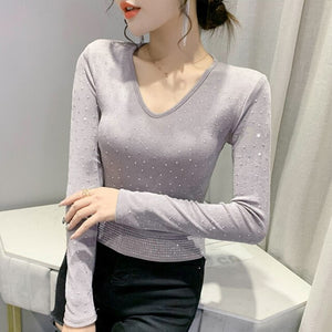 New 2022 Spring Women's T-Shirt Long Sleeved V-Neck Hot Drilling Mesh Tops Elegant Slim M-3XL Plus Size Women Clothing