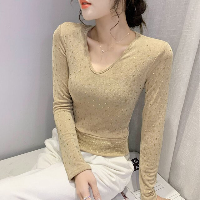 New 2022 Spring Women's T-Shirt Long Sleeved V-Neck Hot Drilling Mesh Tops Elegant Slim M-3XL Plus Size Women Clothing