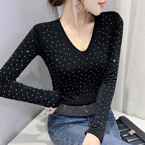 New 2022 Spring Women's T-Shirt Long Sleeved V-Neck Hot Drilling Mesh Tops Elegant Slim M-3XL Plus Size Women Clothing