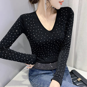 New 2022 Spring Women's T-Shirt Long Sleeved V-Neck Hot Drilling Mesh Tops Elegant Slim M-3XL Plus Size Women Clothing