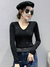 Load image into Gallery viewer, New 2022 Spring Women&#39;s T-Shirt Long Sleeved V-Neck Hot Drilling Mesh Tops Elegant Slim M-3XL Plus Size Women Clothing