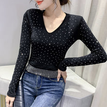 Load image into Gallery viewer, New 2022 Spring Women&#39;s T-Shirt Long Sleeved V-Neck Hot Drilling Mesh Tops Elegant Slim M-3XL Plus Size Women Clothing