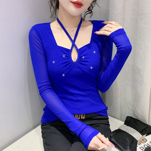 New 2022 Spring Women's T-Shirt Sexy Lace-up Long-Sleeved Mesh Tops  Elegant Slim Solid Color Diamonds Female Clothing