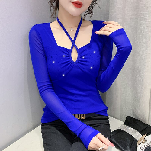 New Spring Women's T-Shirt Sexy Lace-up Long-Sleeved Mesh Tops  Elegant Slim Solid Color Diamonds Female Clothing