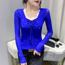 Load image into Gallery viewer, New 2022 Spring Women&#39;s T-Shirt Sexy Lace-up Long-Sleeved Mesh Tops  Elegant Slim Solid Color Diamonds Female Clothing