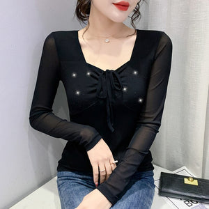 New Spring Women's T-Shirt Sexy Lace-up Long-Sleeved Mesh Tops  Elegant Slim Solid Color Diamonds Female Clothing