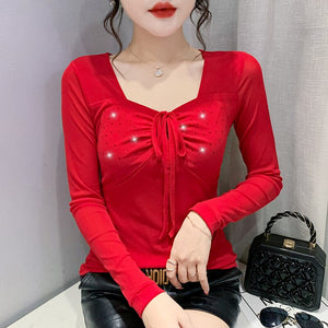 New 2022 Spring Women's T-Shirt Sexy Lace-up Long-Sleeved Mesh Tops  Elegant Slim Solid Color Diamonds Female Clothing