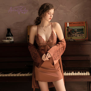 New 3Pcs Pajamas Sets for Women Lace Up Nightdress Bathrobe Sexy Silk Bath Gown Sleepwear Wedding Night Dress Robe with Belt