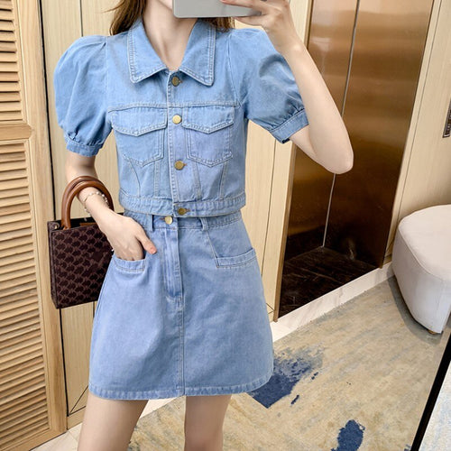 New Arrival 2021 Korean Summer Two Piece Set Vintage Denim Lapel Puff Sleeve Tops + A-Line Mini Skirt Suits For Woman