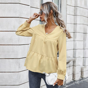 New Arrival Women Solid Color V Neck Blouse Casual Loose Long Sleeve Streetwear Shirt Female Spring Autumn Vintage Fashion Shirt
