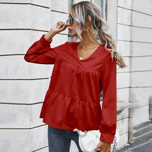 New Arrival Women Solid Color V Neck Blouse Casual Loose Long Sleeve Streetwear Shirt Female Spring Autumn Vintage Fashion Shirt