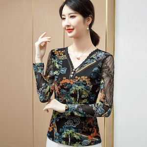 New Arrivals 2021 Autumn Long Sleeve Women&amp;#39;s T-Shirt Fashion Sexy V-Neck Mesh Tops Plus Size M-4XL Print Women Clothing