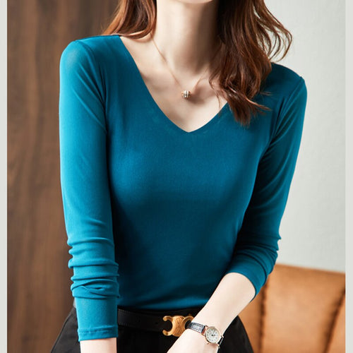 New Arrivals 2021 Autumn Thin Women's T-Shirt Fashion Casual V-Neck Long-Sleeved Mesh Tops Shirt Plus Size Solid Color Blusas