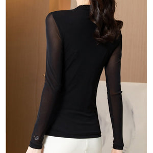 New Arrivals 2021 Autumn Women's Tops Fashion Casual Long Sleeve Hot Drilling Mesh T-Shirt Plus Size Black Blusas