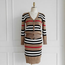 Load image into Gallery viewer, New Autumn 2 Piece Suit Ladies Winter Knitting Striped Korea Long Sleeve V Neck Tops and Mini Skirt Sexy Set for Women Clothing