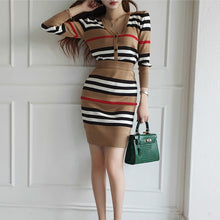 Load image into Gallery viewer, New Autumn 2 Piece Suit Ladies Winter Knitting Striped Korea Long Sleeve V Neck Tops and Mini Skirt Sexy Set for Women Clothing