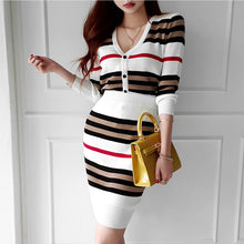 Load image into Gallery viewer, New Autumn 2 Piece Suit Ladies Winter Knitting Striped Korea Long Sleeve V Neck Tops and Mini Skirt Sexy Set for Women Clothing