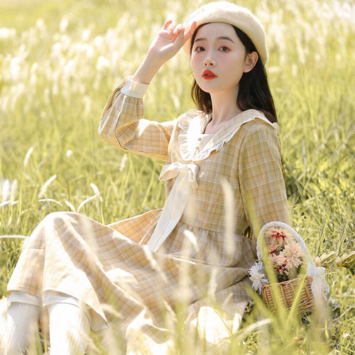 New Autumn 2021 Sweet Vintage Dresses for women Ruffled Checkered Retro Navy Collar College Dress Vestidos de mujer