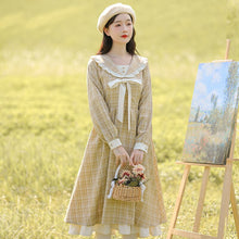 Load image into Gallery viewer, New Autumn 2021 Sweet Vintage Dresses for women Ruffled Checkered Retro Navy Collar College Dress Vestidos de mujer