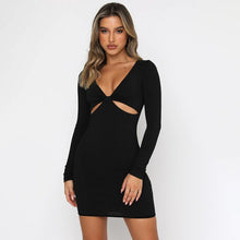 Load image into Gallery viewer, New Autumn Dresses for Women Sexy V-Neck Hollow Out Party Dress Long Sleeve Mini Dress Ribbed Office Lady Women Clothing Clothes