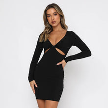 Load image into Gallery viewer, New Autumn Dresses for Women Sexy V-Neck Hollow Out Party Dress Long Sleeve Mini Dress Ribbed Office Lady Women Clothing Clothes